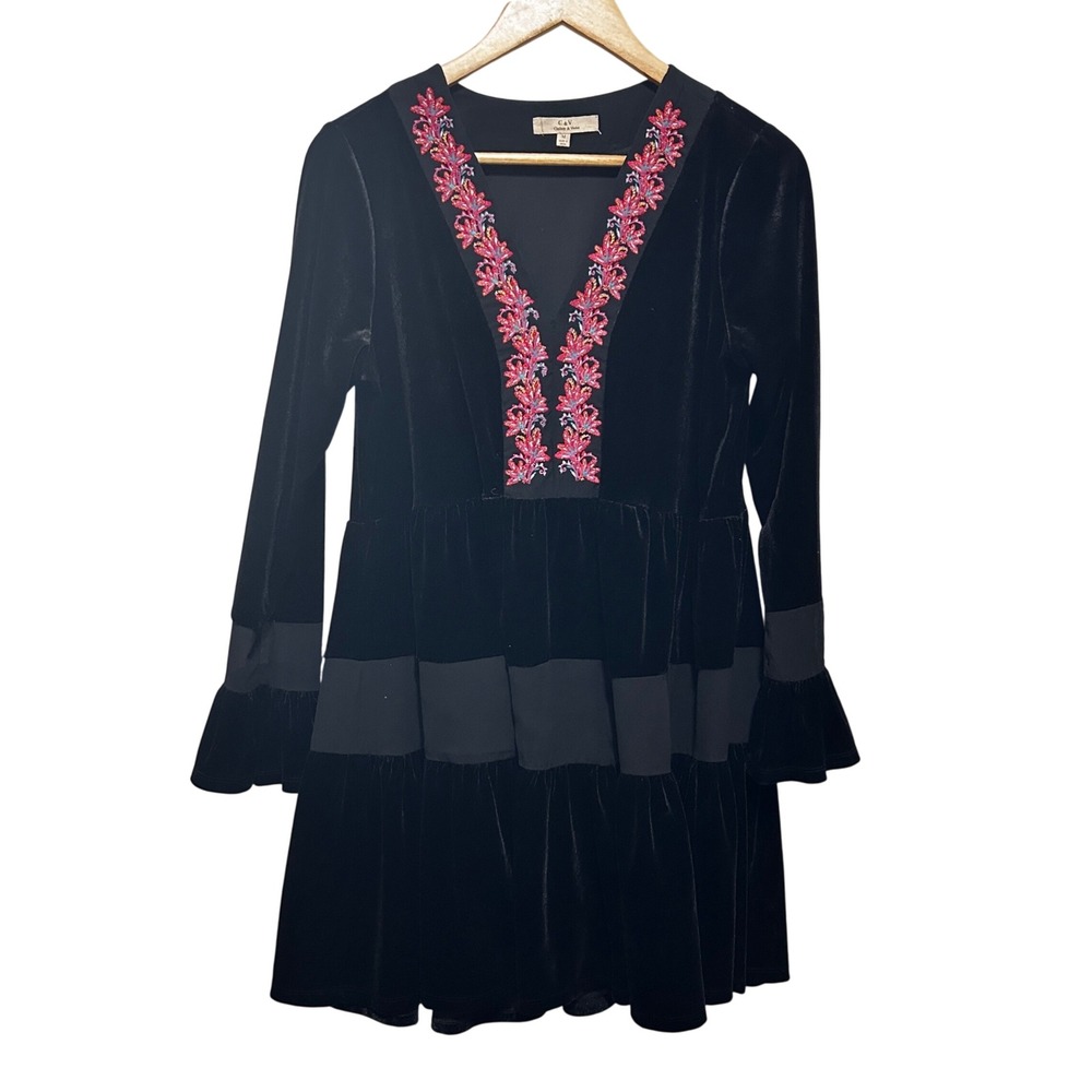 Chelsea & Violet Boho Whimsigoth Velvet Mini Dress M Black Embroidered Romantic